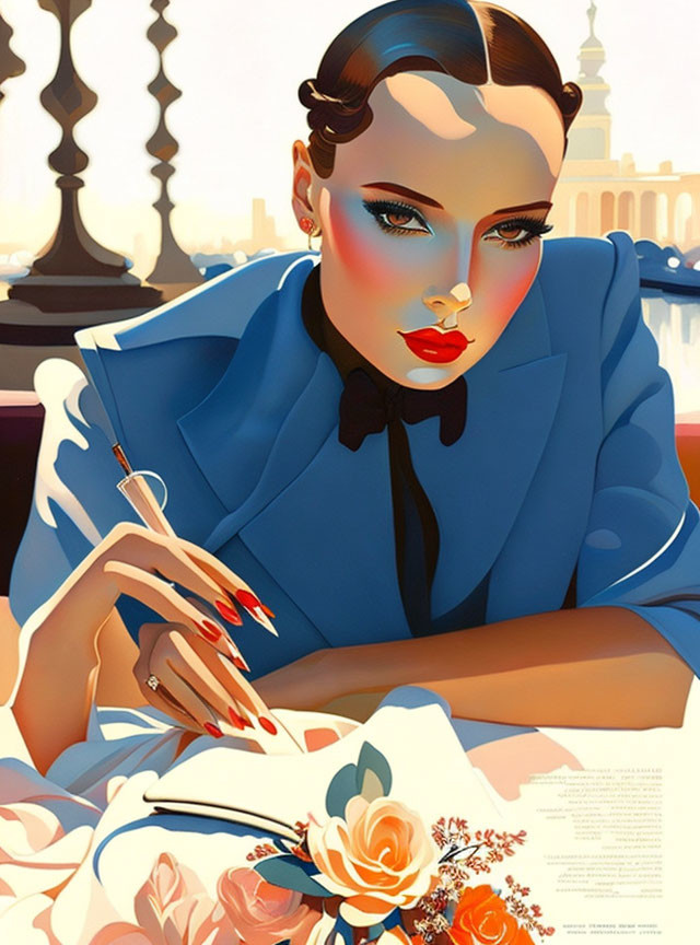 Stylized illustration of woman with sleek hair and blue outfit holding sunglasses