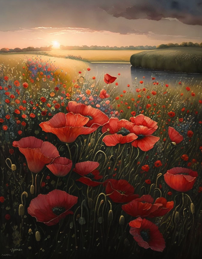 Scenic sunset landscape with red poppies and calm river