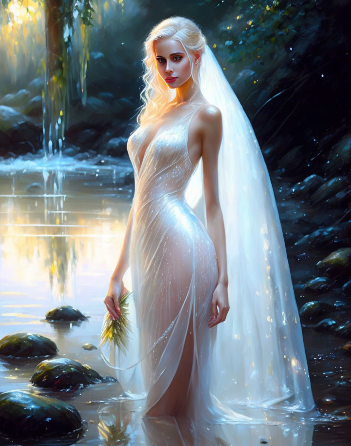 Blonde person in white dress by creek in forest with waterfalls