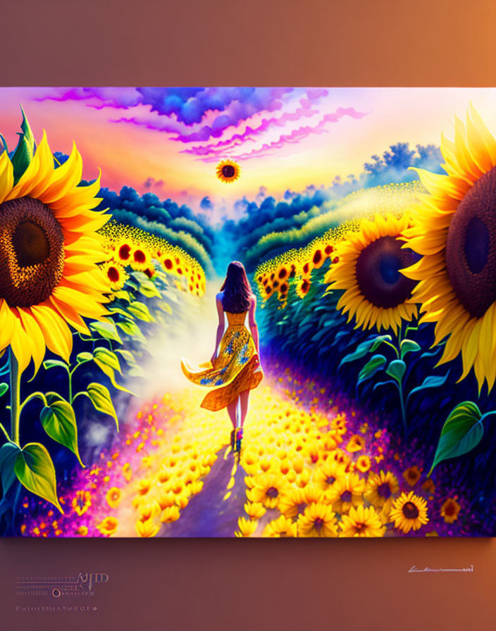 Colorful artwork: Woman among sunflowers under surreal sky