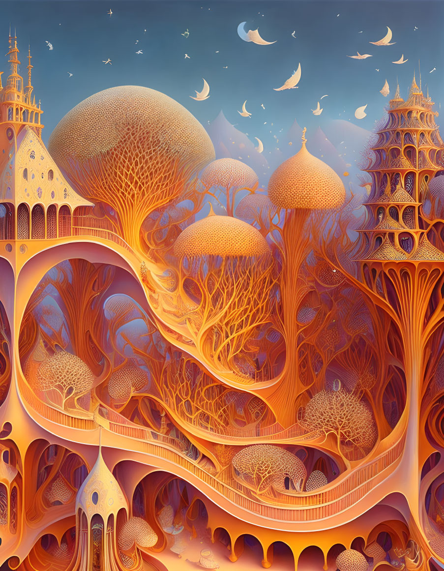 Surreal landscape with orange trees, ornate buildings, and floating birds