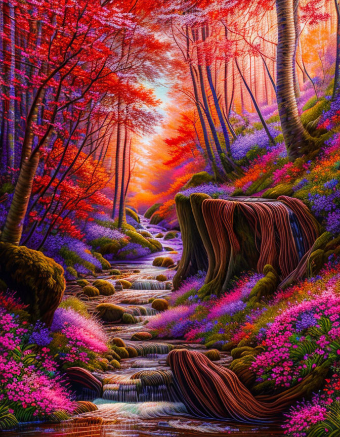 Colorful Fantasy Forest Scene with Cascading Stream and Vibrant Foliage