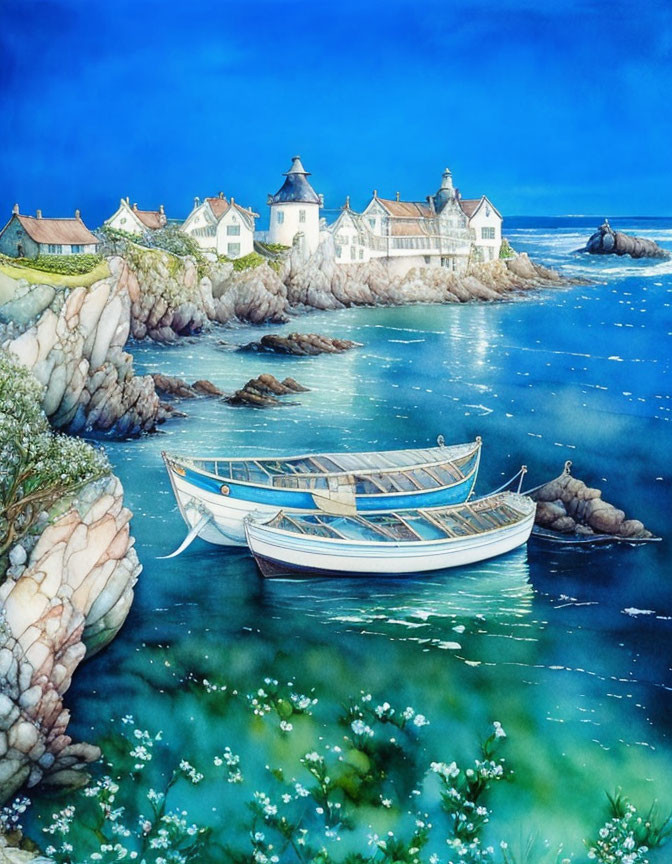 Tranquil painting of three boats near coastal village