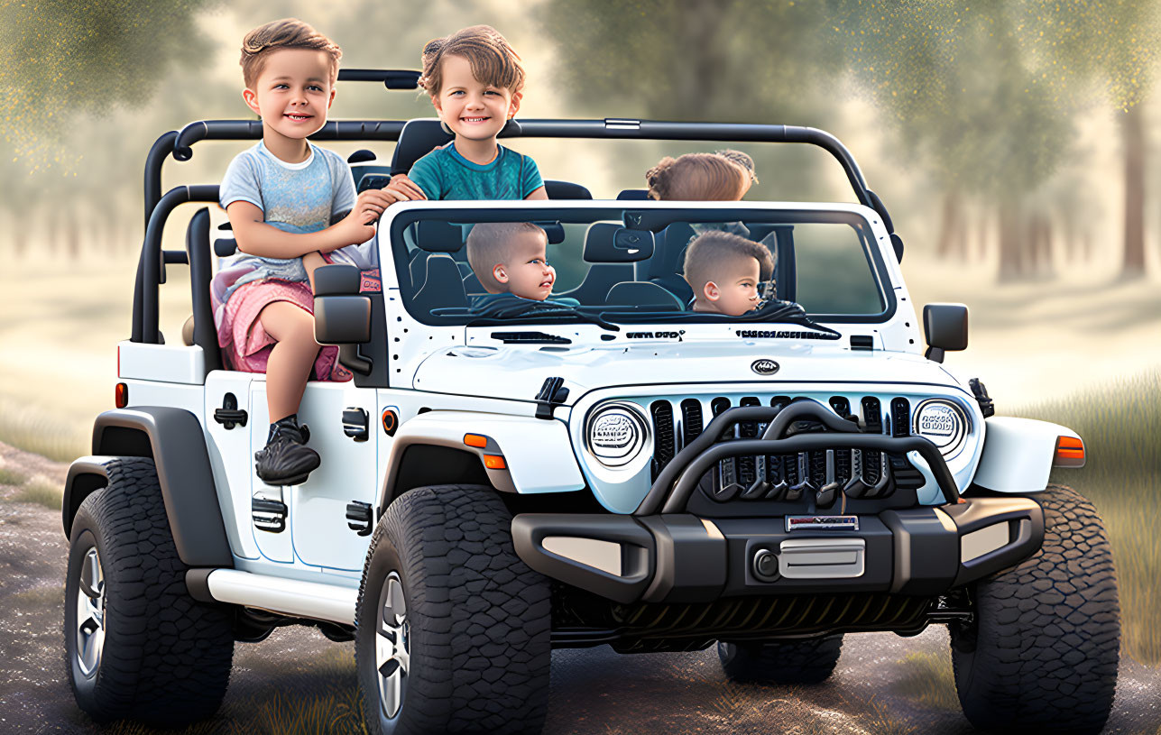 Four children playing in toy Jeep on grassy field with trees in background