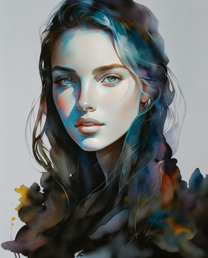 Stylized Portrait of Woman with Blue Eyes and Full Lips