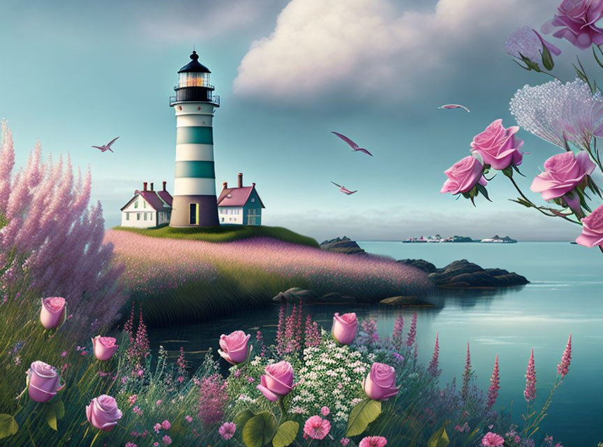 Lighthouse illustration on floral hill with calm sea and birds