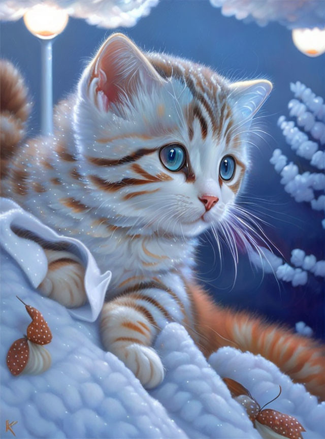 Fluffy Tabby Kitten with Blue Eyes on White Blanket