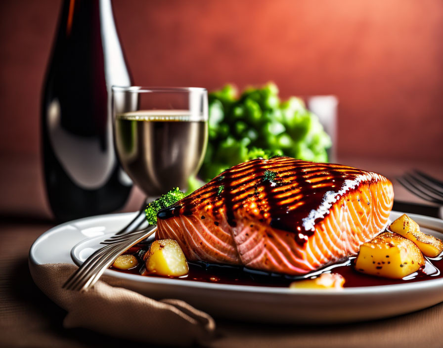 Grilled Salmon Fillet with Glaze, Herbs, Potatoes, Red Wine, and Salad