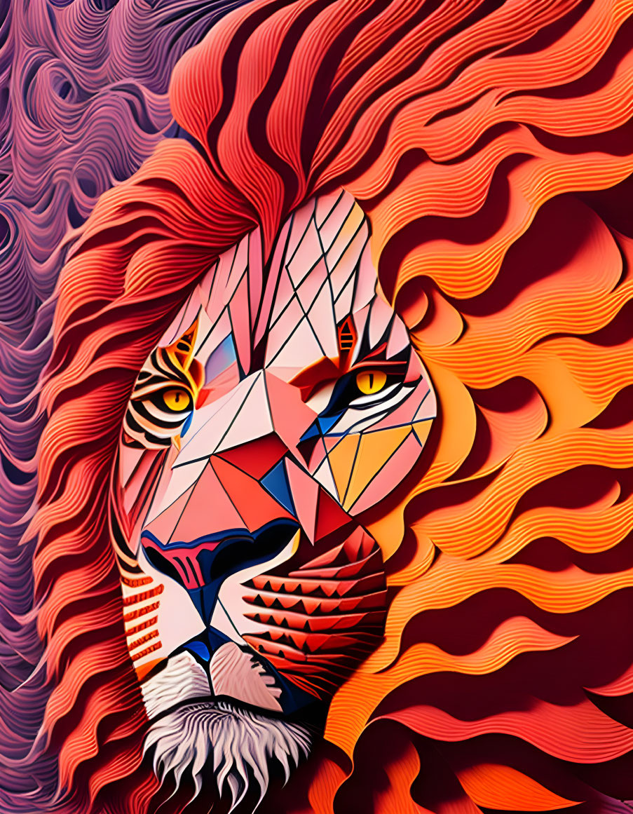 Vibrant abstract lion art with geometric design and flowing mane