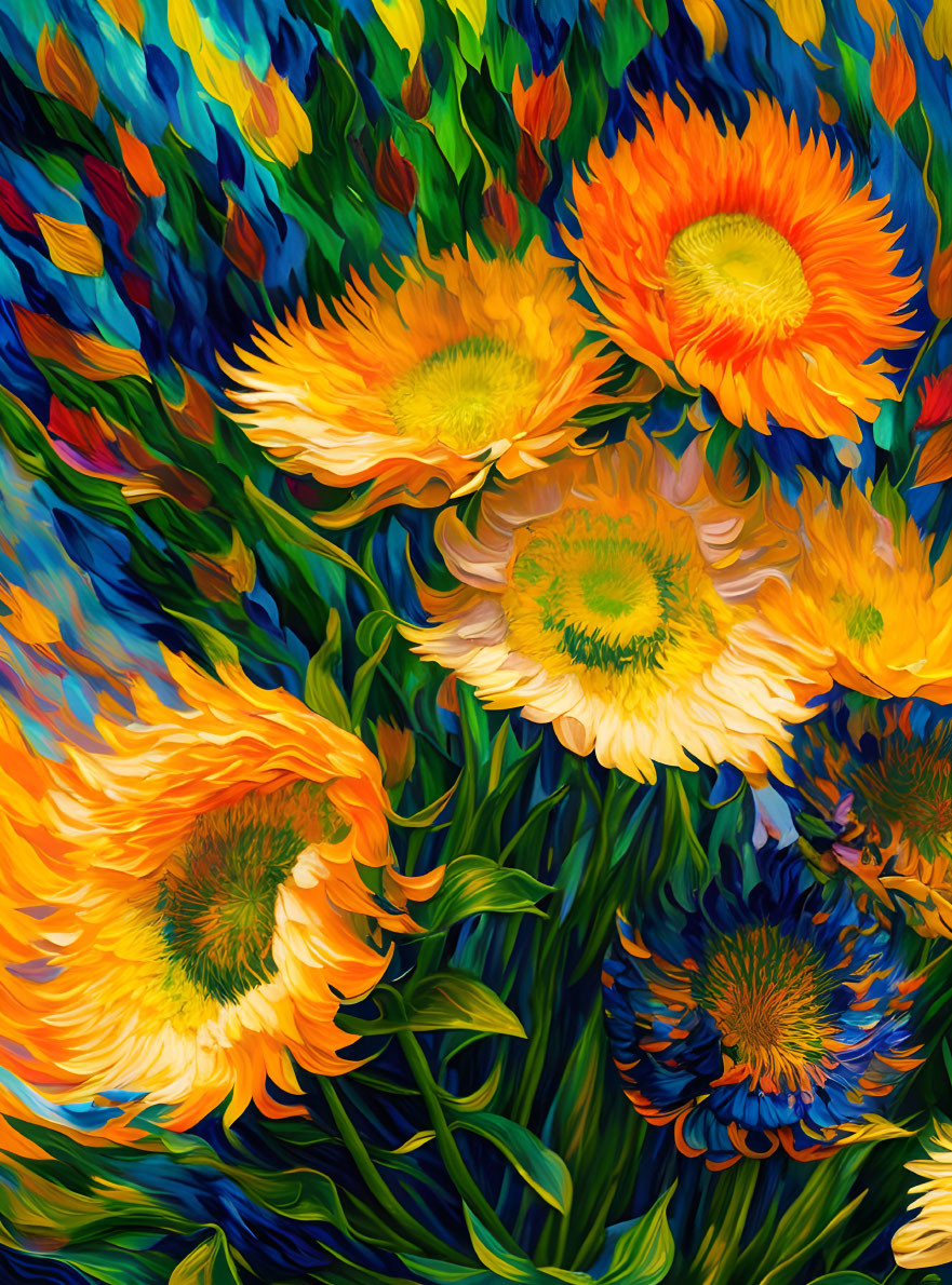 Colorful oil painting of sunflowers with swirling brushstrokes reminiscent of Van Gogh.