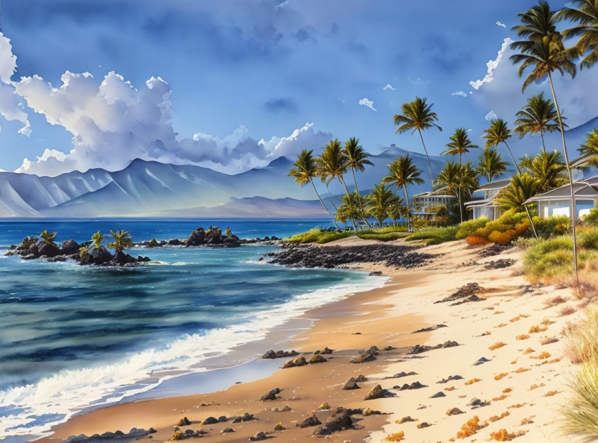 Tropical beach landscape with palm trees, ocean waves, sandy shore, and mountains