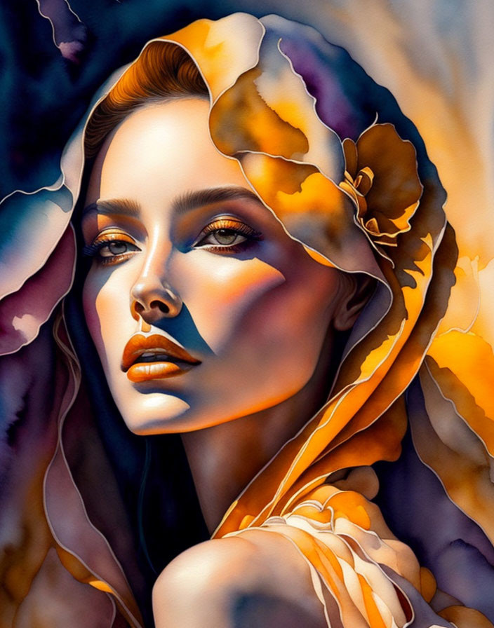 Colorful portrait of a woman with striking eyes and golden floral patterns