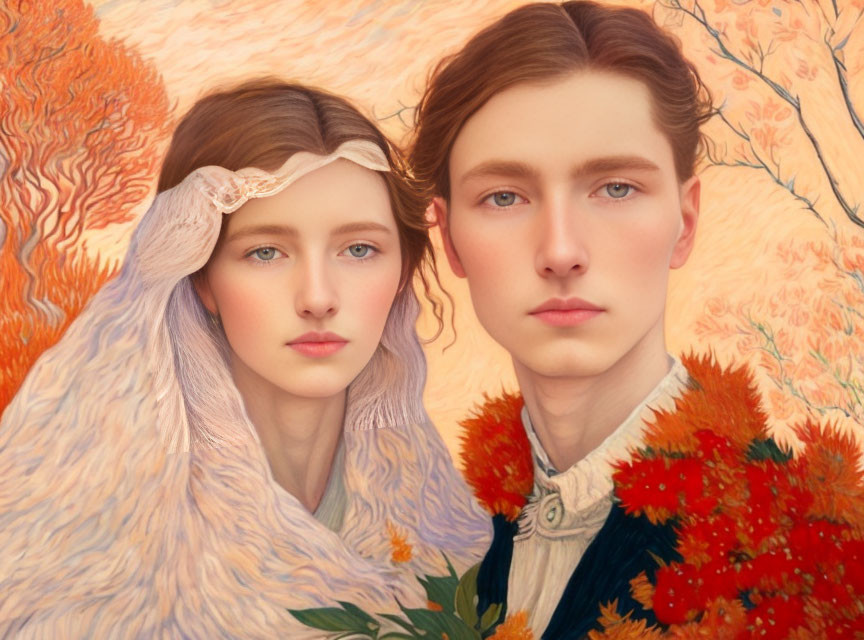 Young Couple Painting: Stylized Features, Lilac Shawl, Orange Coat, Autumn Tree Background