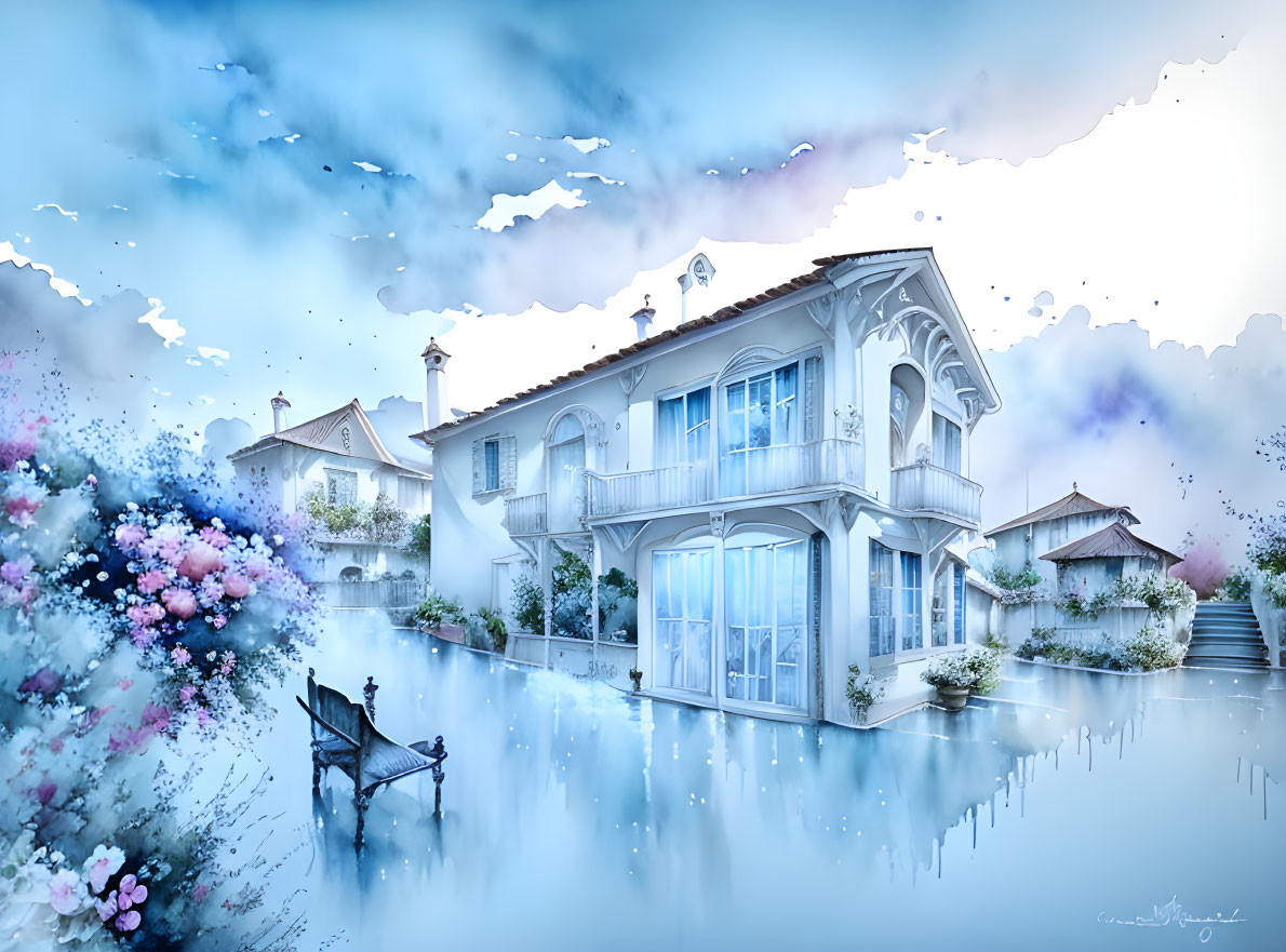 Serene blue house surrounded by vibrant blooms and floating bench