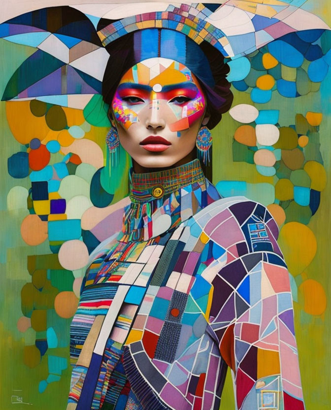 Vividly painted geometric portrait with colorful attire against abstract background