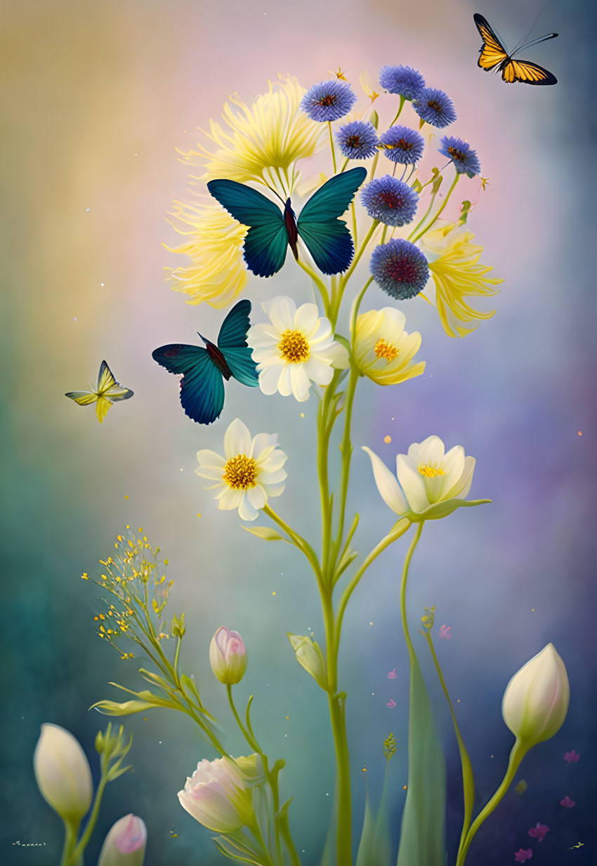 Colorful butterflies and flowers on pastel background