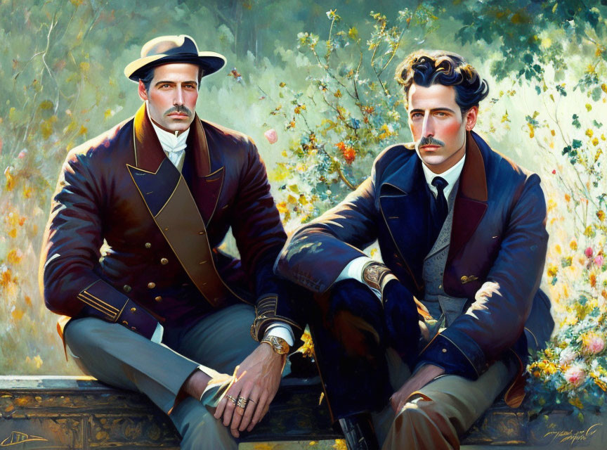 Vintage Attire Men Sitting Together Amid Lush Floral Backdrop