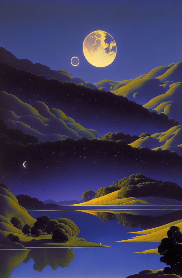 Surreal night landscape with full moon, rolling hills, serene lake, and celestial bodies