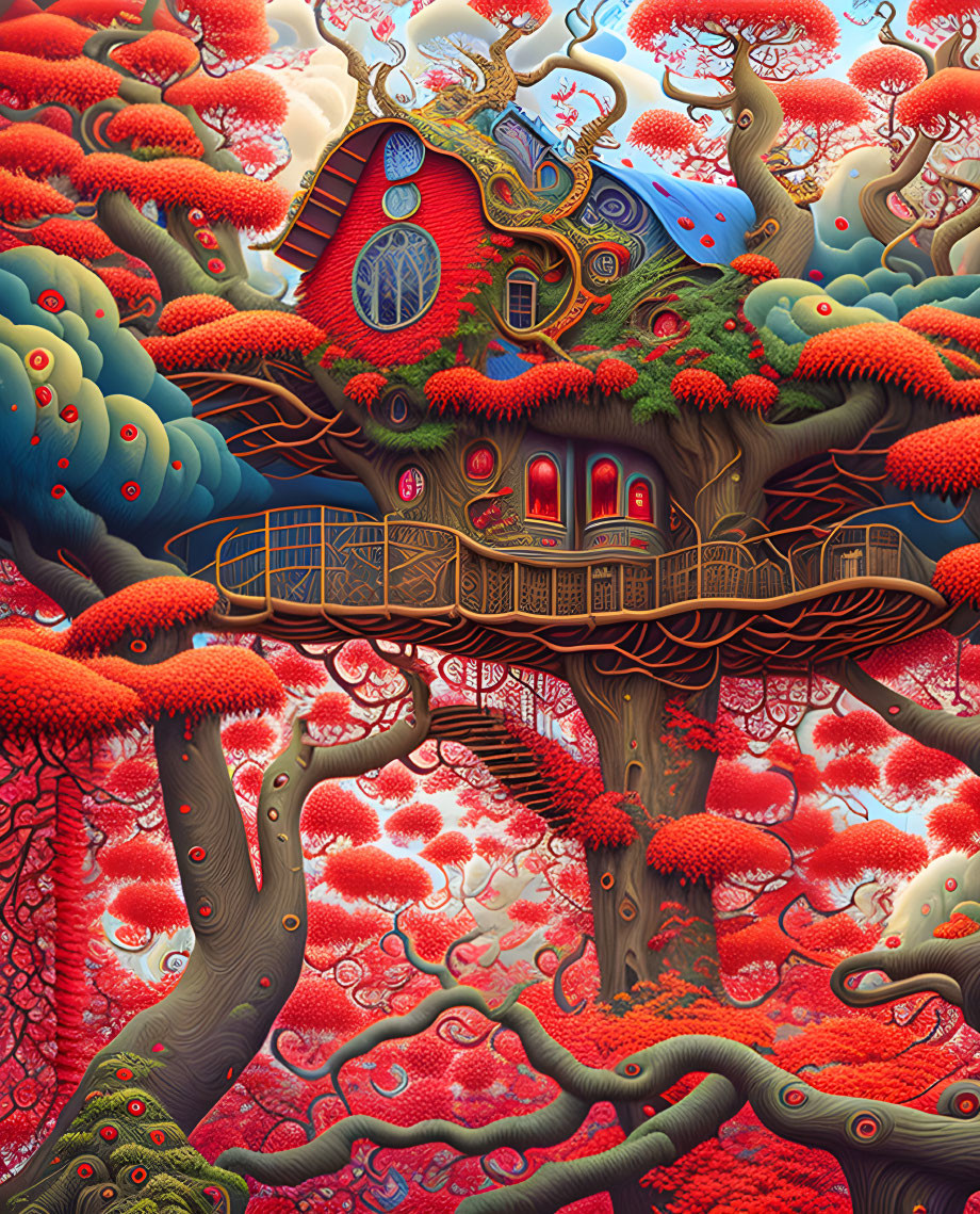 Fantastical treehouse illustration with red foliage in dreamlike forest