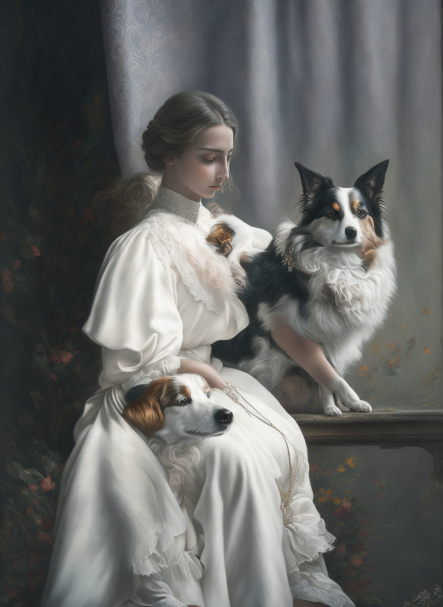 Vintage-dressed woman with two dogs in elegant setting