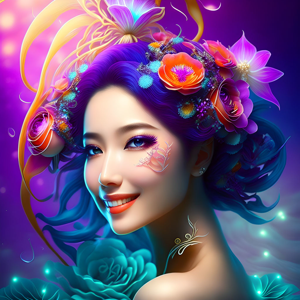 Digital Artwork: Smiling Woman with Purple Hair and Luminous Flowers