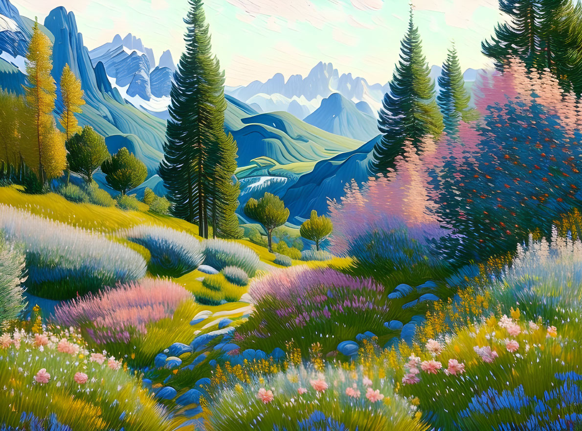 Colorful Stylized Landscape with Rolling Hills and Evergreens