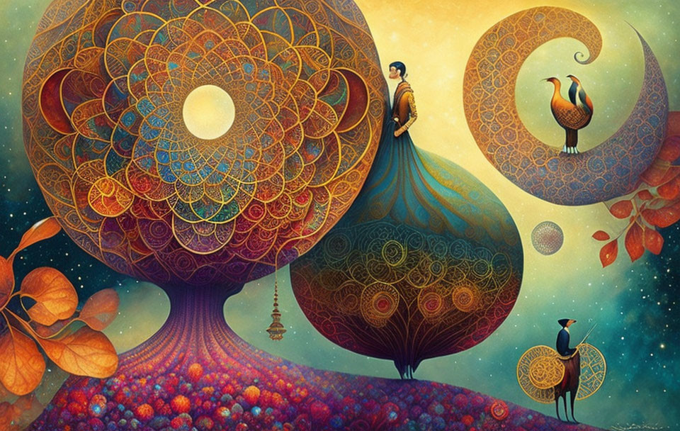 Surreal artwork with ornate trees, sun, figures, and floating orbs