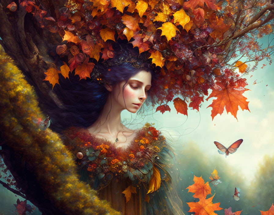 Digital Art: Serene female with autumn leaves in hair, misty forest ambiance.