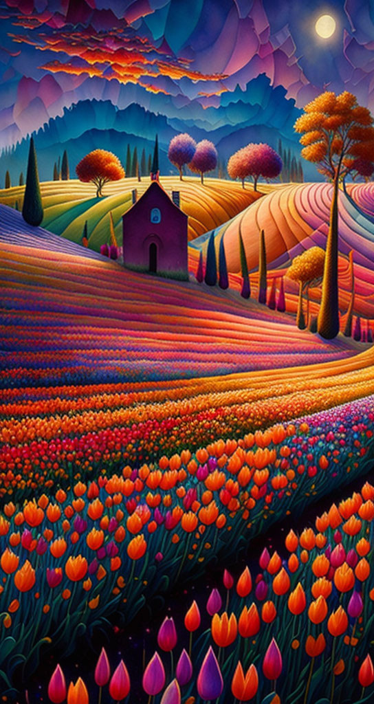 Colorful whimsical landscape with purple hills, red-roofed chapel, tulips, and star