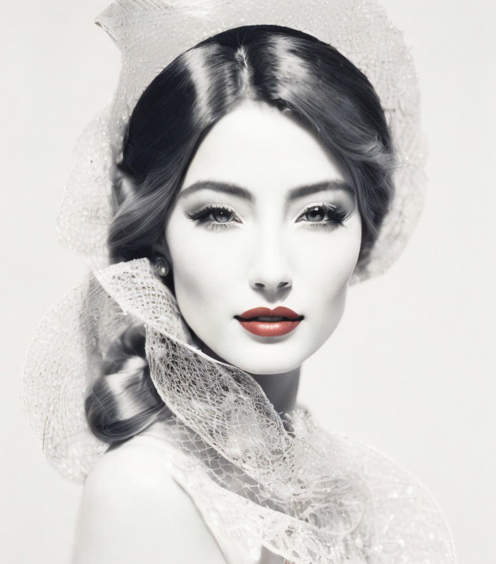 Vintage-inspired black-and-white portrait of a woman with stylish hat and lace adornments.