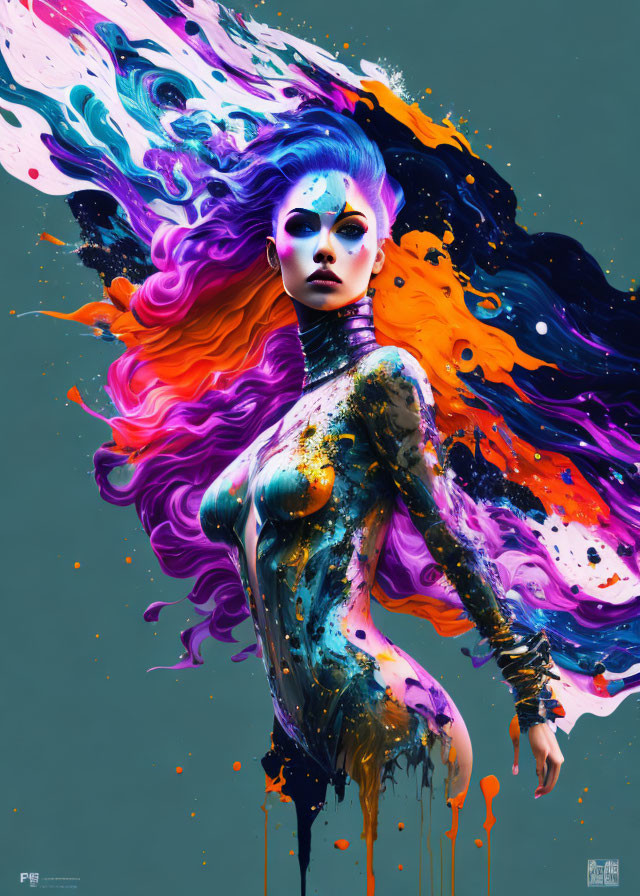 Colorful digital artwork: Woman with blue skin and cosmic paint splatters