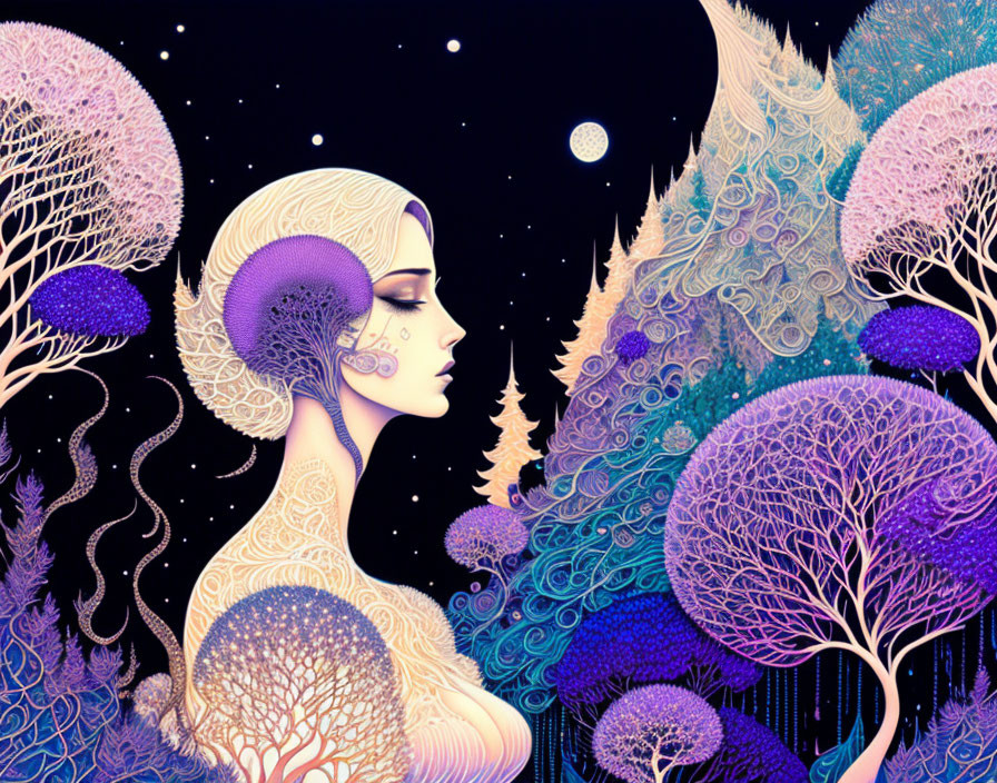 Illustrated female figure with stylized trees in vibrant purples and blues under a night sky.