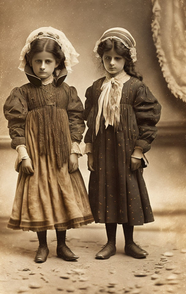 Vintage Attire: Two Young Girls in Bonnets Standing Together