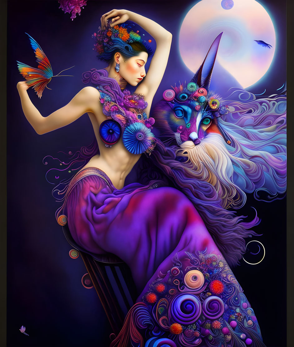 Woman in purple dress with floral unicorn under moonlit sky and butterfly.