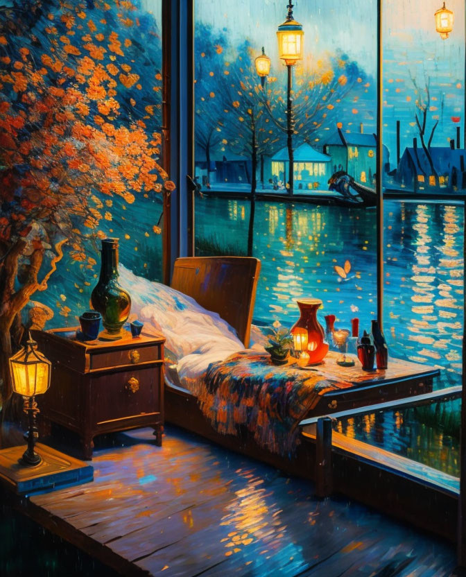 Tranquil lakeside bedroom with autumn twilight view