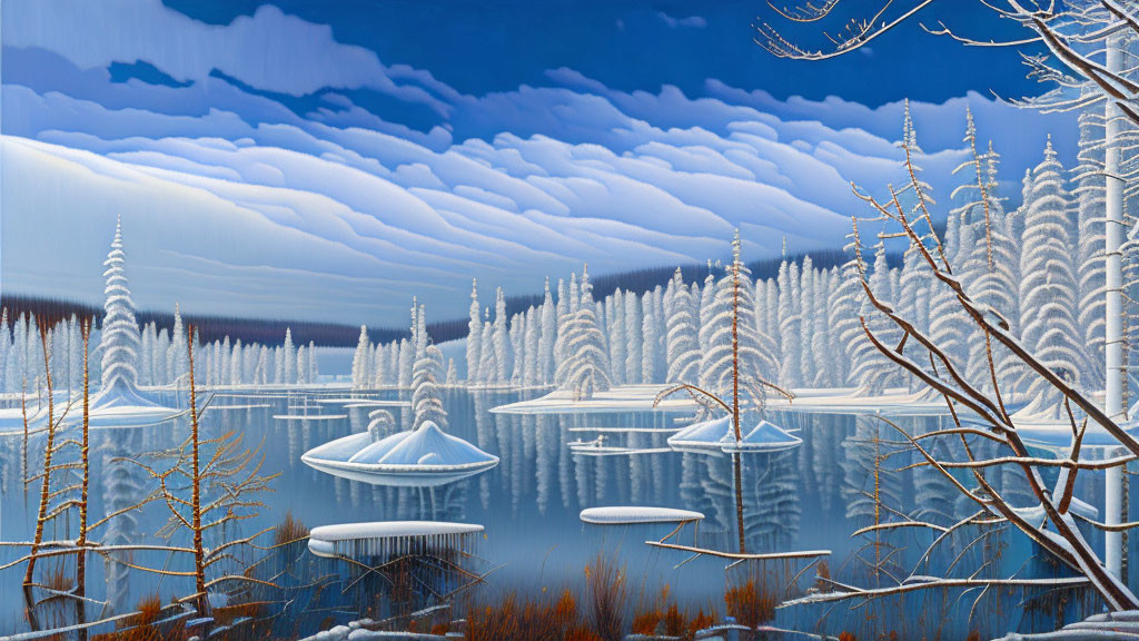 Frozen Lake and Snow-Covered Trees in Winter Scene