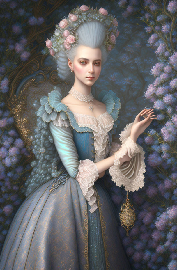 Digital artwork: Woman in opulent 18th-century blue dress with lace, pearls, powdered wig