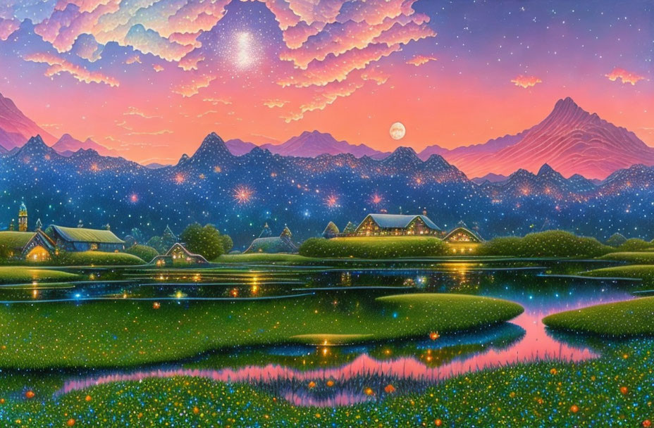 Colorful Landscape with Starry Night Sky, Water Bodies, Fields, Houses & Hills