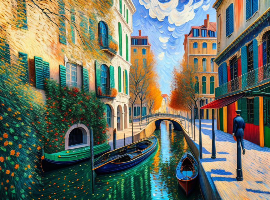 Colorful Impressionist Painting of Person Walking by Canal