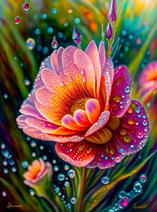 Colorful Digital Artwork: Dew-Kissed Pink Flower Surrounded by Lush Vegetation