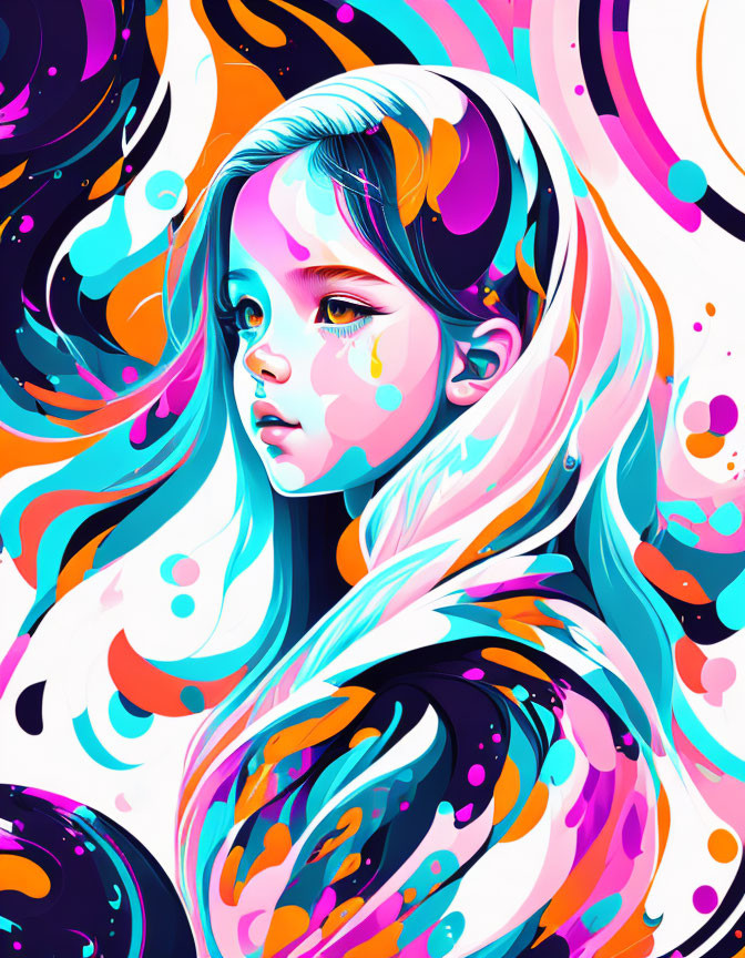 Vibrant digital art: Young girl in colorful abstract swirls