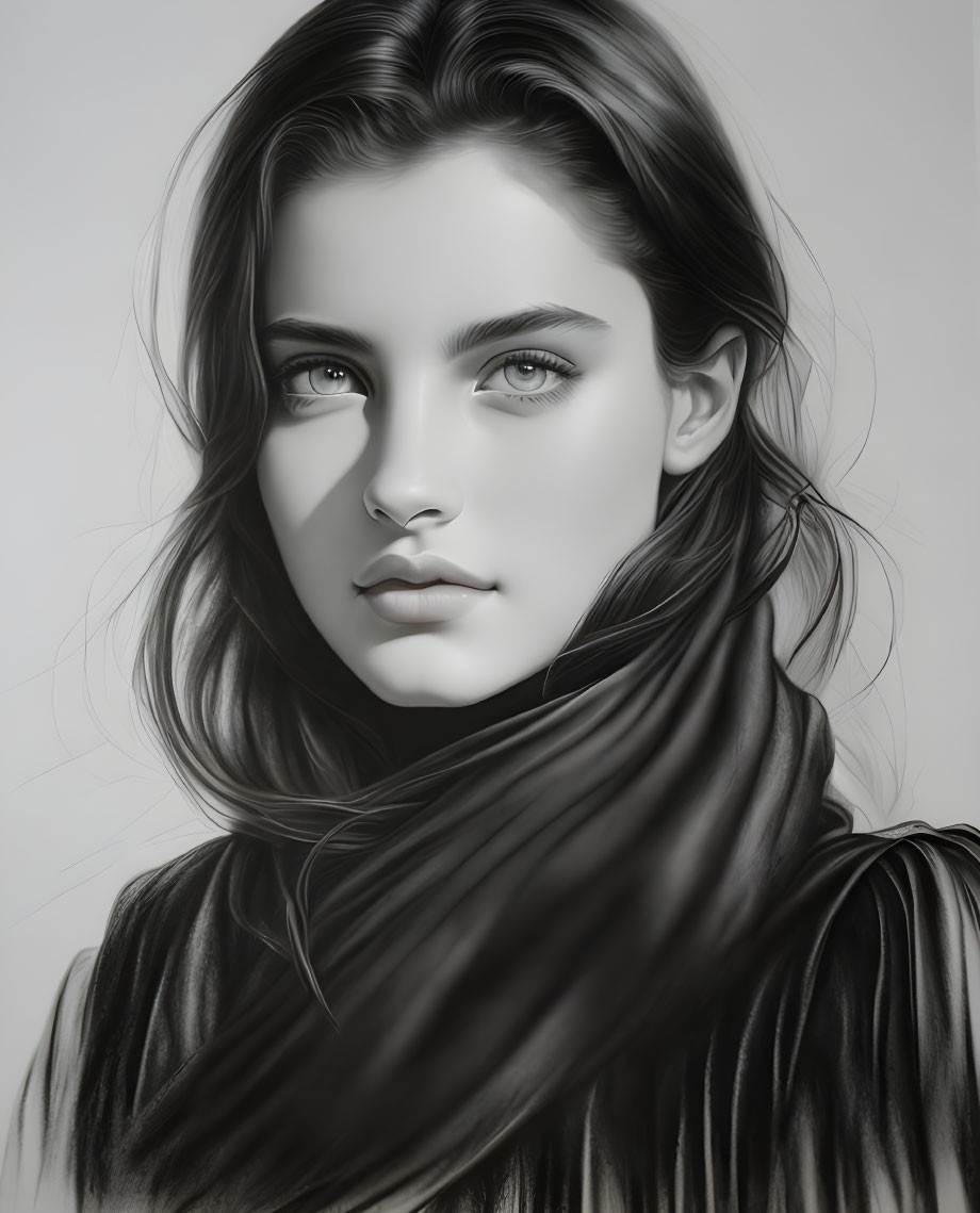 Monochromatic portrait of woman with flowing hair and draped scarf