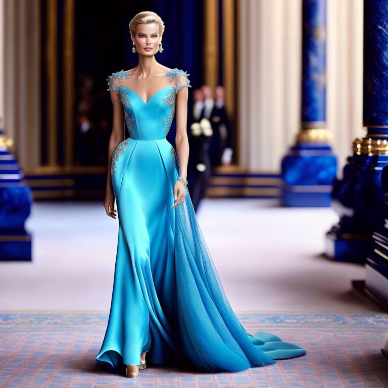 Elegant woman in blue gown with train in luxurious room