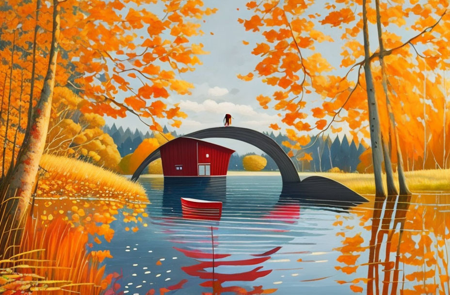 Red covered bridge, person, canoe, and orange trees in serene autumn scene