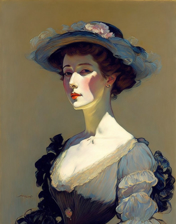 Vintage portrait of a woman in ornate hat and period dress