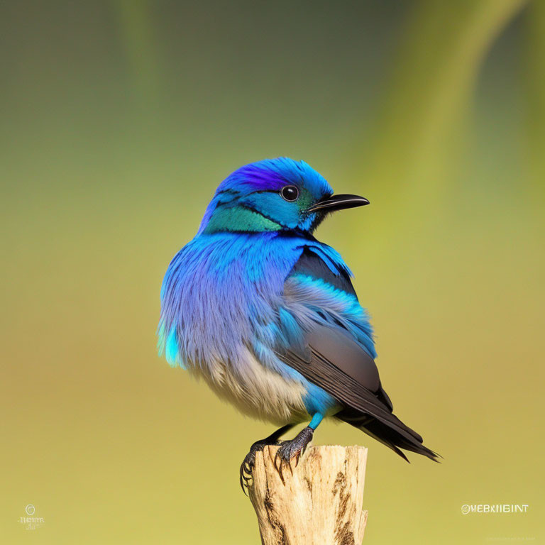 Colorful Blue Bird Perched on Wooden Post in Green Setting