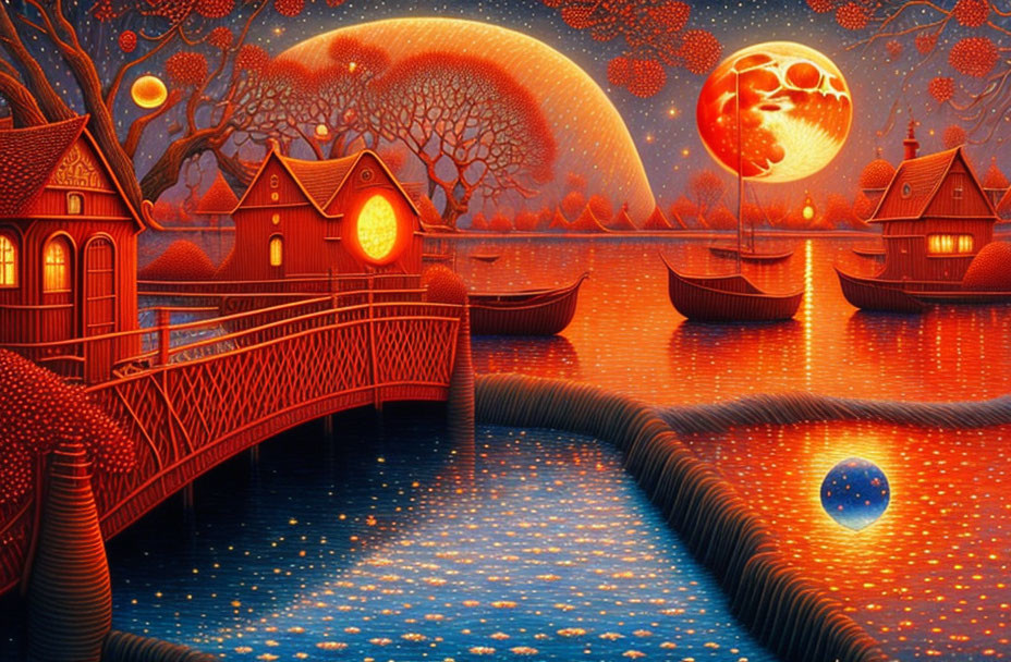 Fantasy landscape with whimsical houses, crimson lake, and moonlit sky