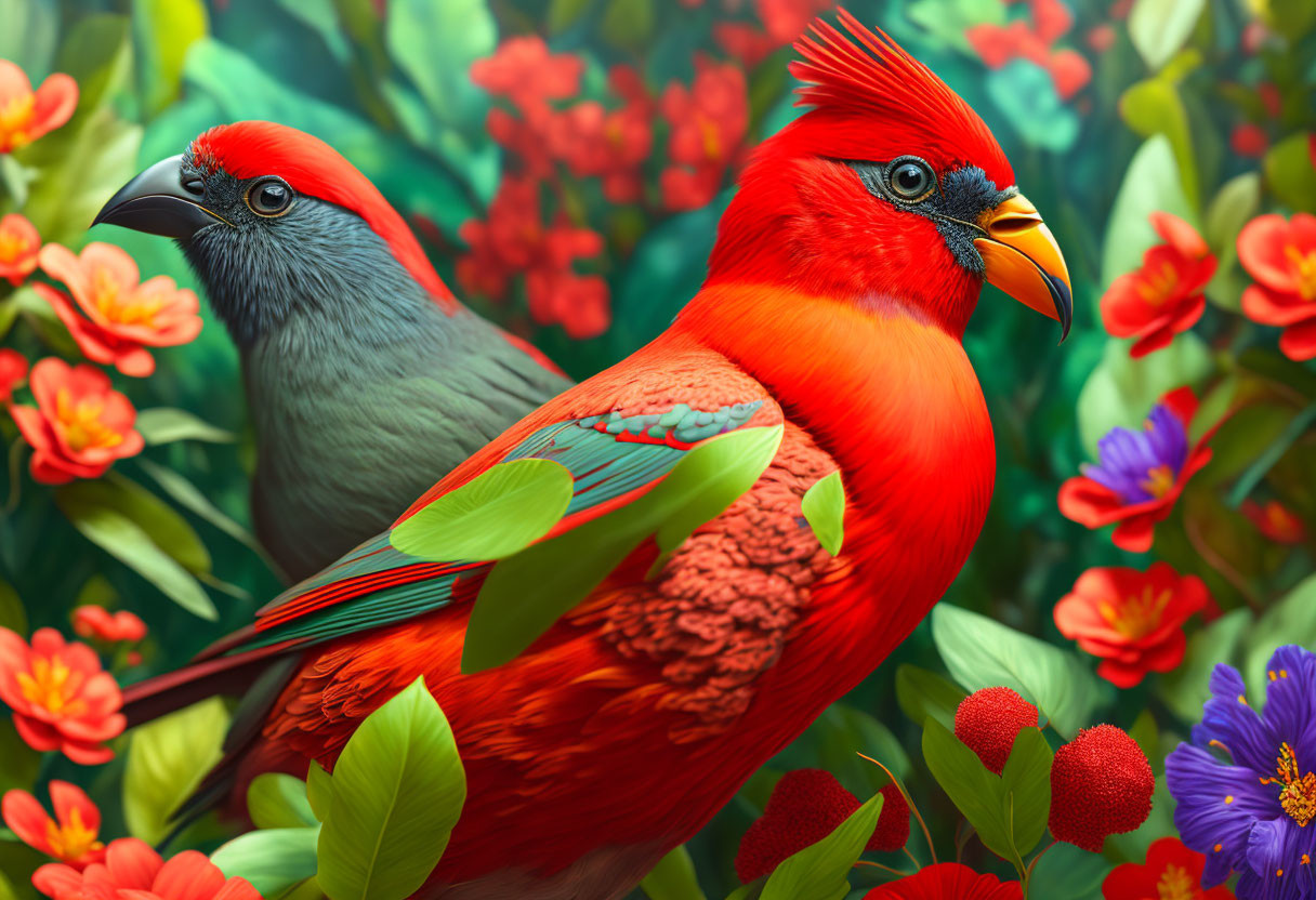 Colorful Red Cardinal Bird with Grey Bird in Lush Foliage Scene