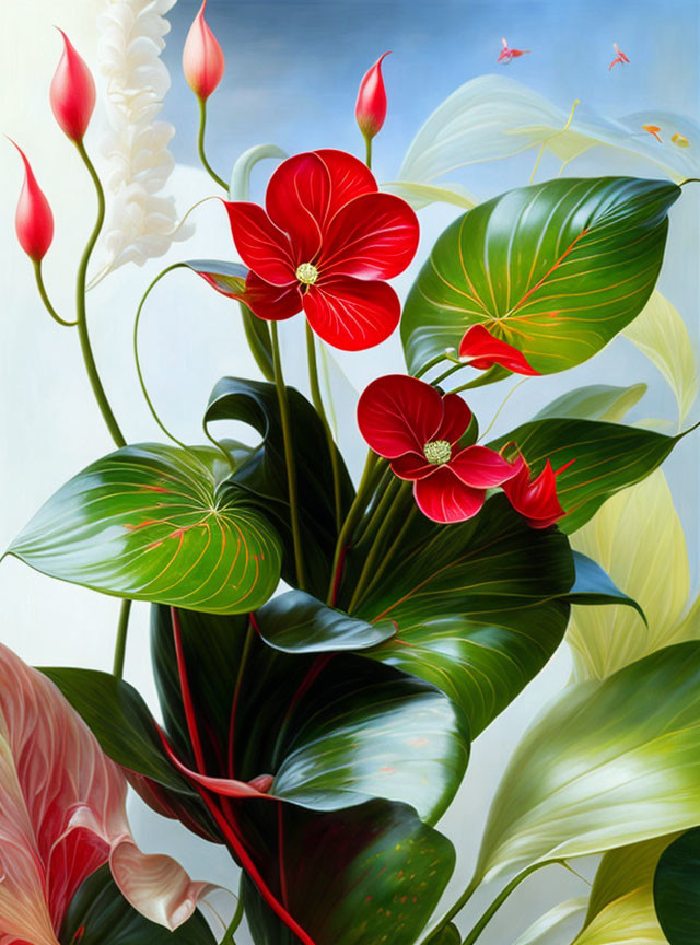 Vibrant digital painting of red anthurium flowers, peace lilies, and dragonflies in