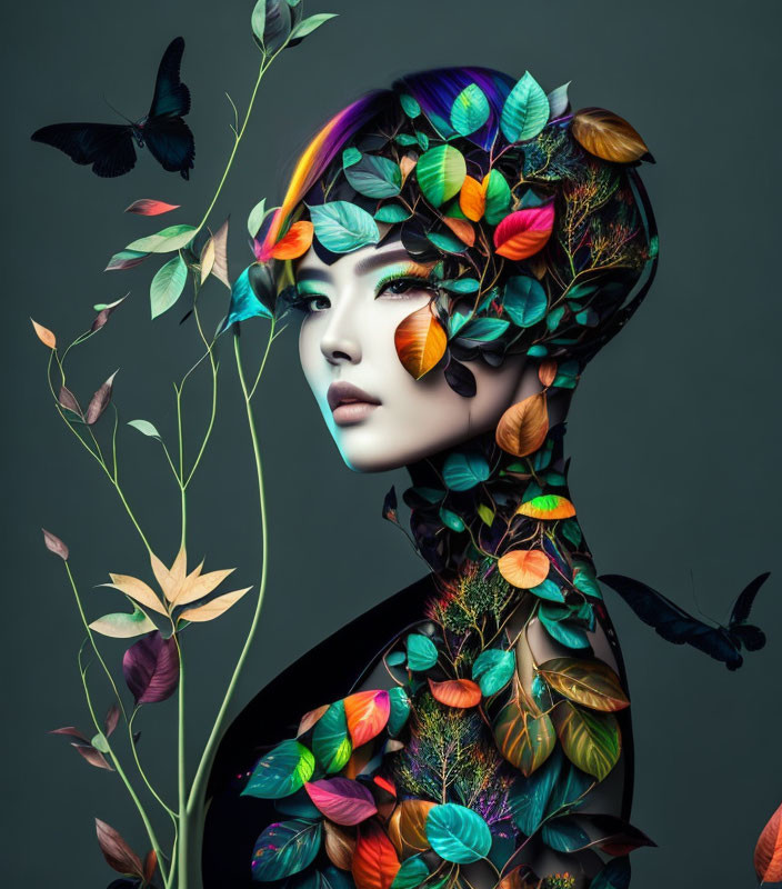 Colorful portrait of a woman with leaf hair and butterflies on dark background